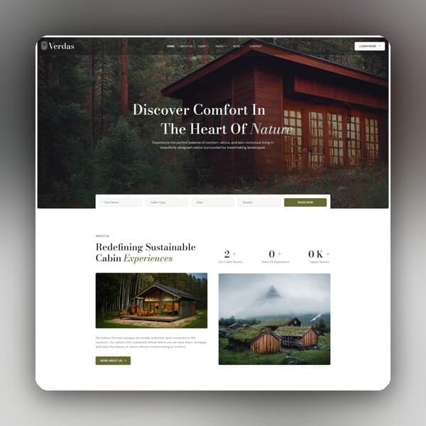 Verdas - Eco-Friendly Cabin Rental Adventure Elementor Template Kit, Elementor template preview