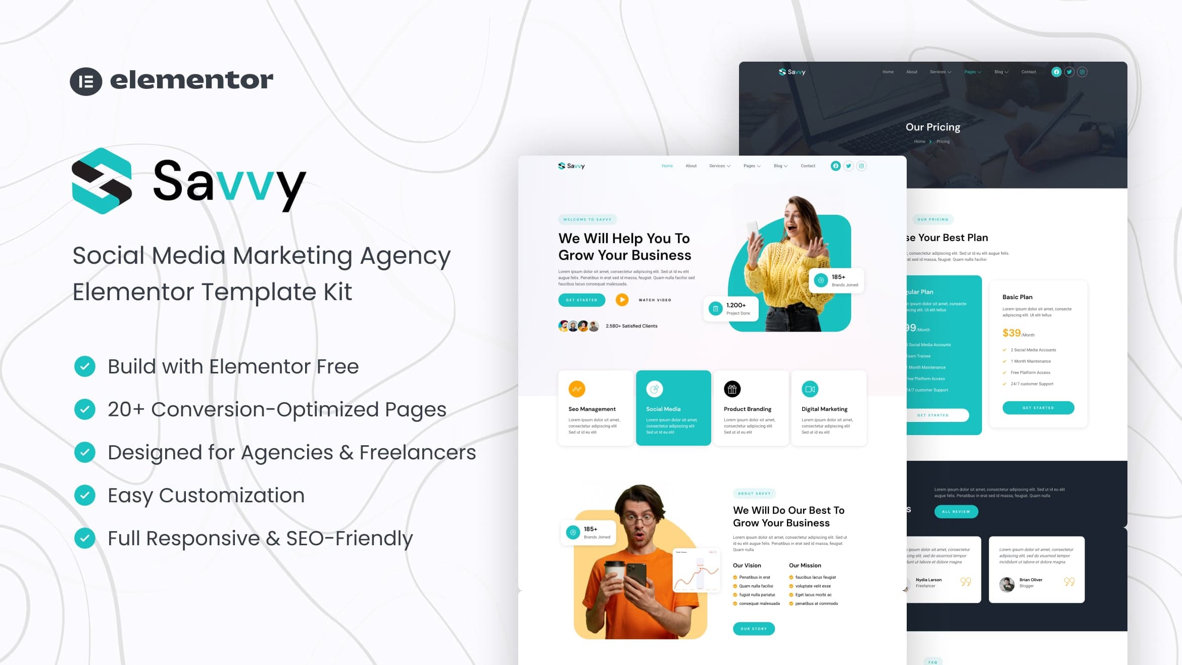 Savvy – Social Media Marketing Agency Elementor Template Kit — full template preview