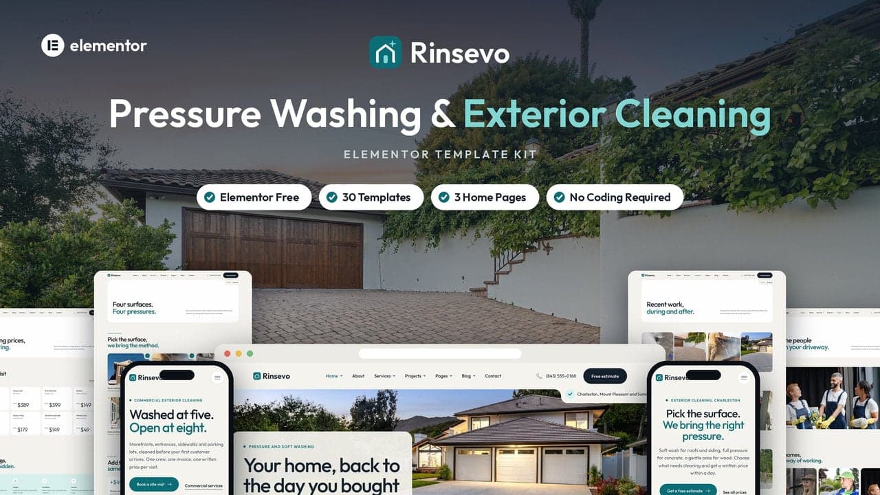 Rinsevo - Pressure Washing & Exterior Cleaning Elementor Template Kit full template preview