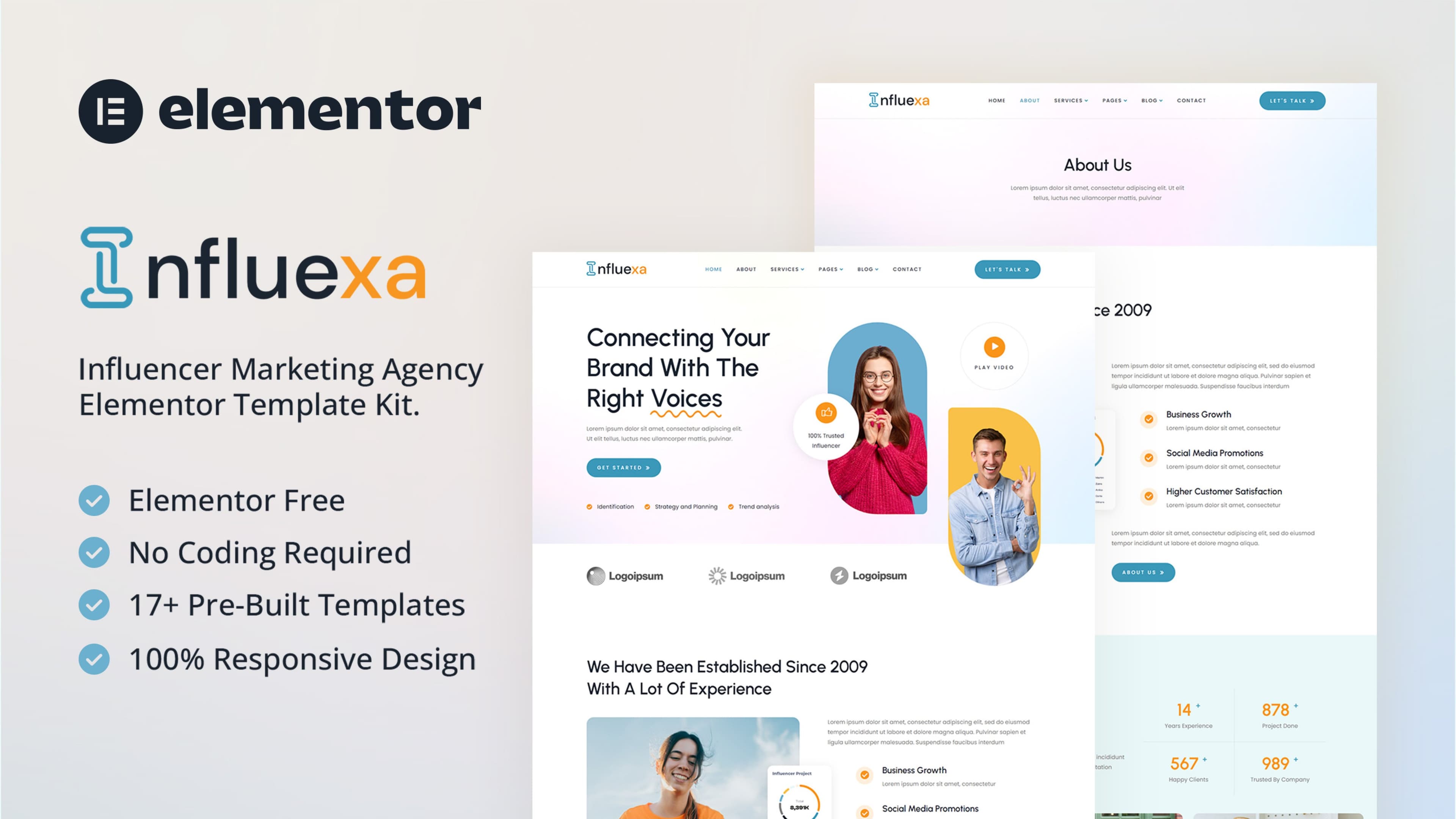 Influexa - Influencer Marketing Agency Elementor Template Kit full template preview