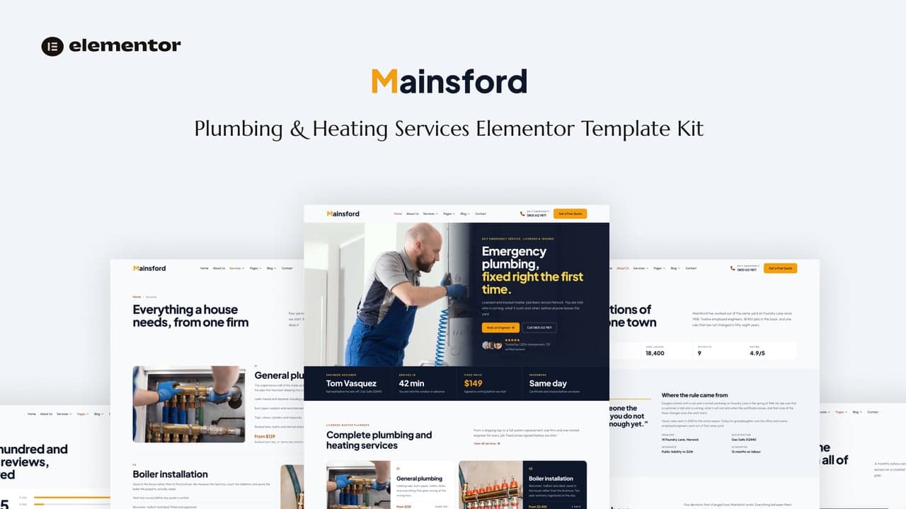 Mainsford - Plumbing & Heating Services Elementor Template Kit full template preview