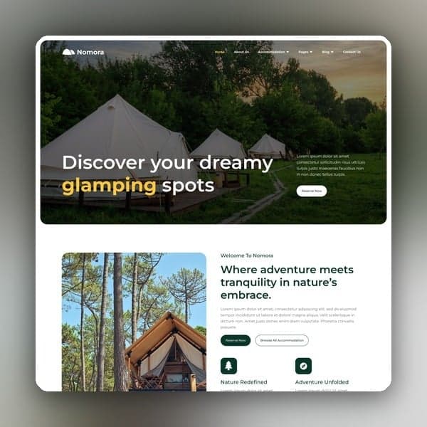 Nomora - Glamping & Adventure Elementor Template Kit, Elementor template preview
