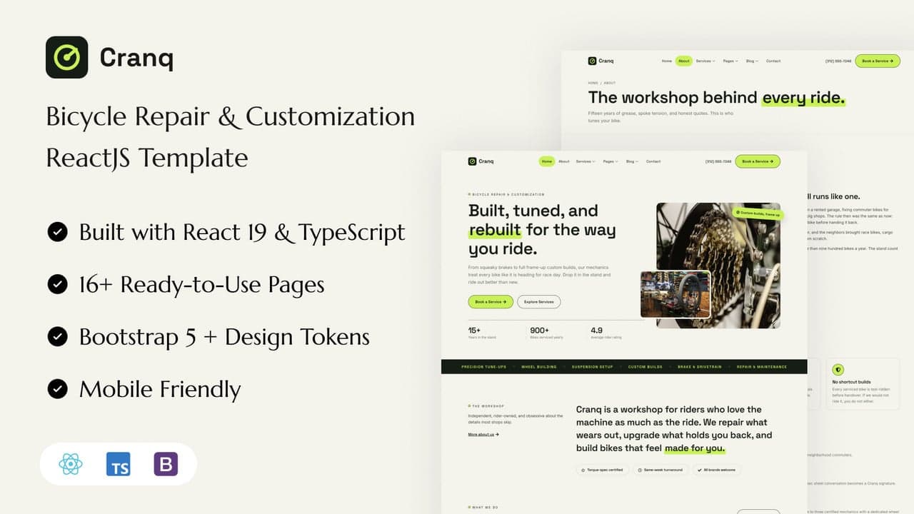 Cranq - Bicycle Repair & Customization React Template full template preview