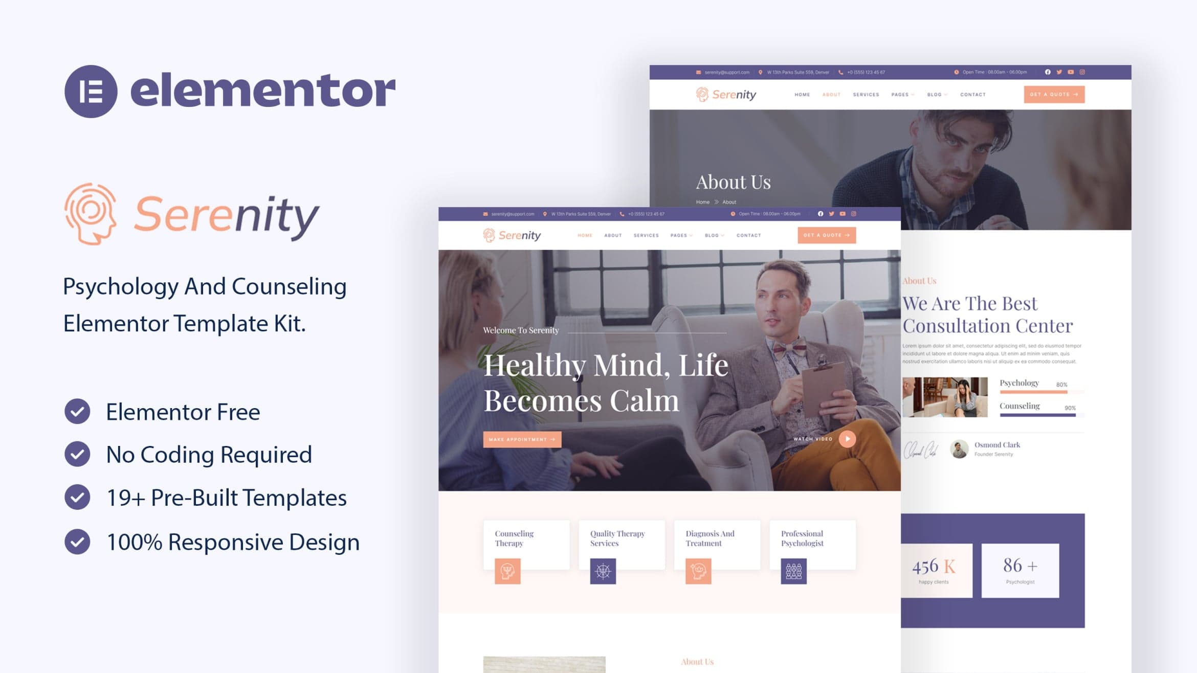 Serenity - Psychology & Counseling Elementor Template Kit full template preview