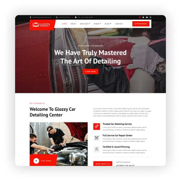 Glozzy - Car Detailing & Repair Service Elementor Template Kit, Elementor template preview