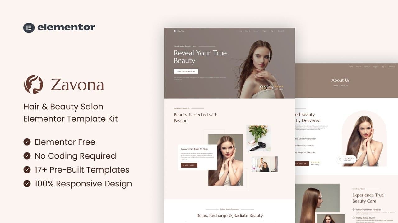 Zavona - Hair & Beauty Salon Elementor Template Kit full template preview