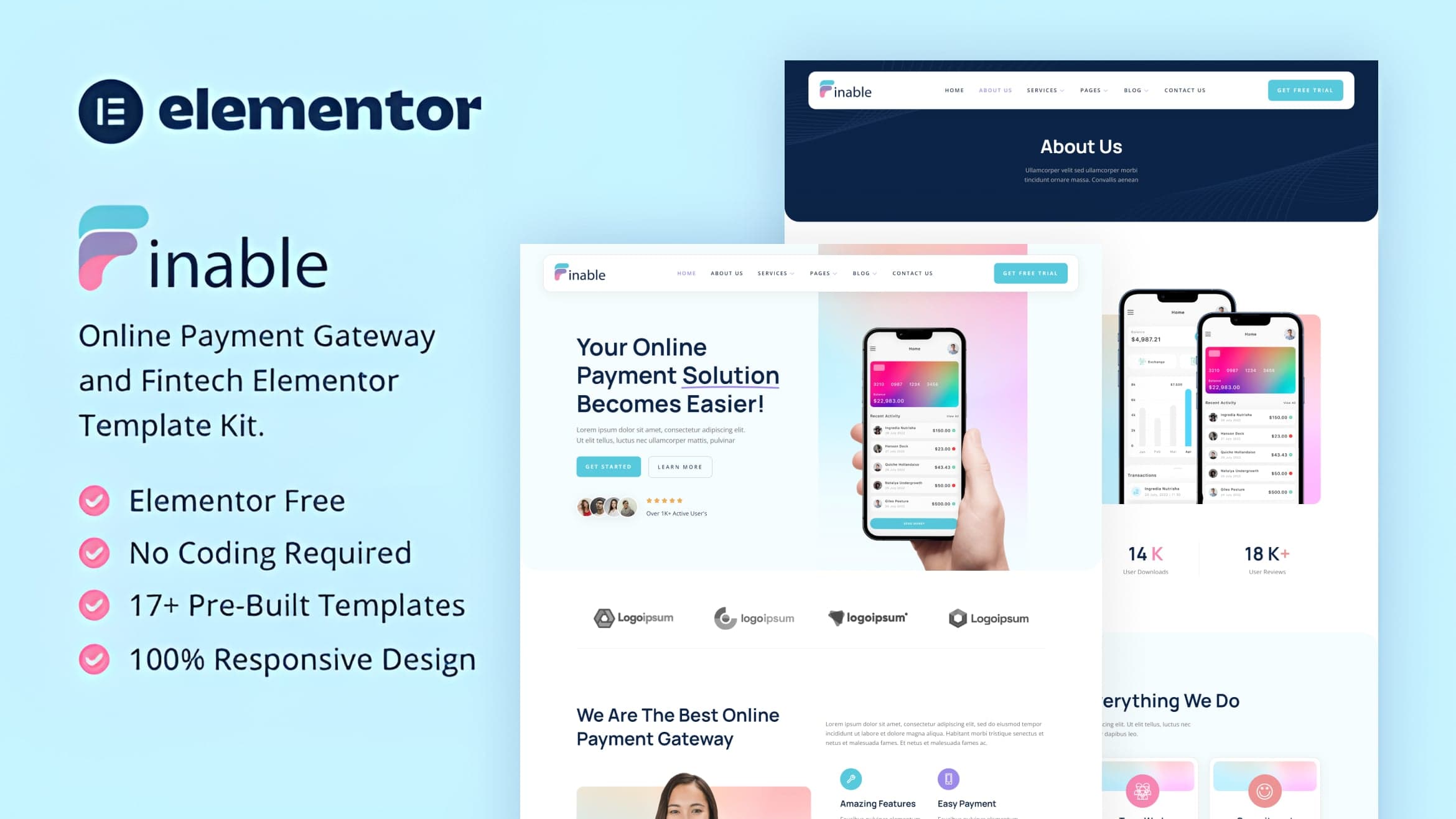 Finable - Online Payment Gateway & Fintech Elementor Template Kit full template preview