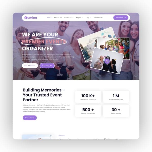 Lumina - Event Planner & Organizer Elementor Template Kit, Elementor template preview