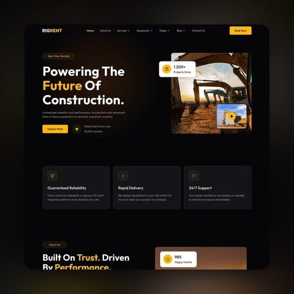 Rigrent - Heavy Equipment Rental Elementor Template Kit, Elementor template preview