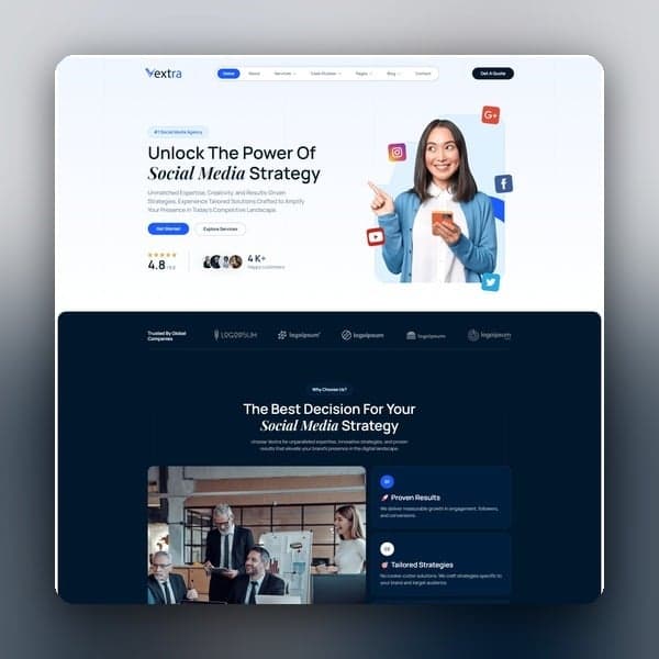 Vextra - Social Media Agency Elementor Template Kit, Elementor template preview