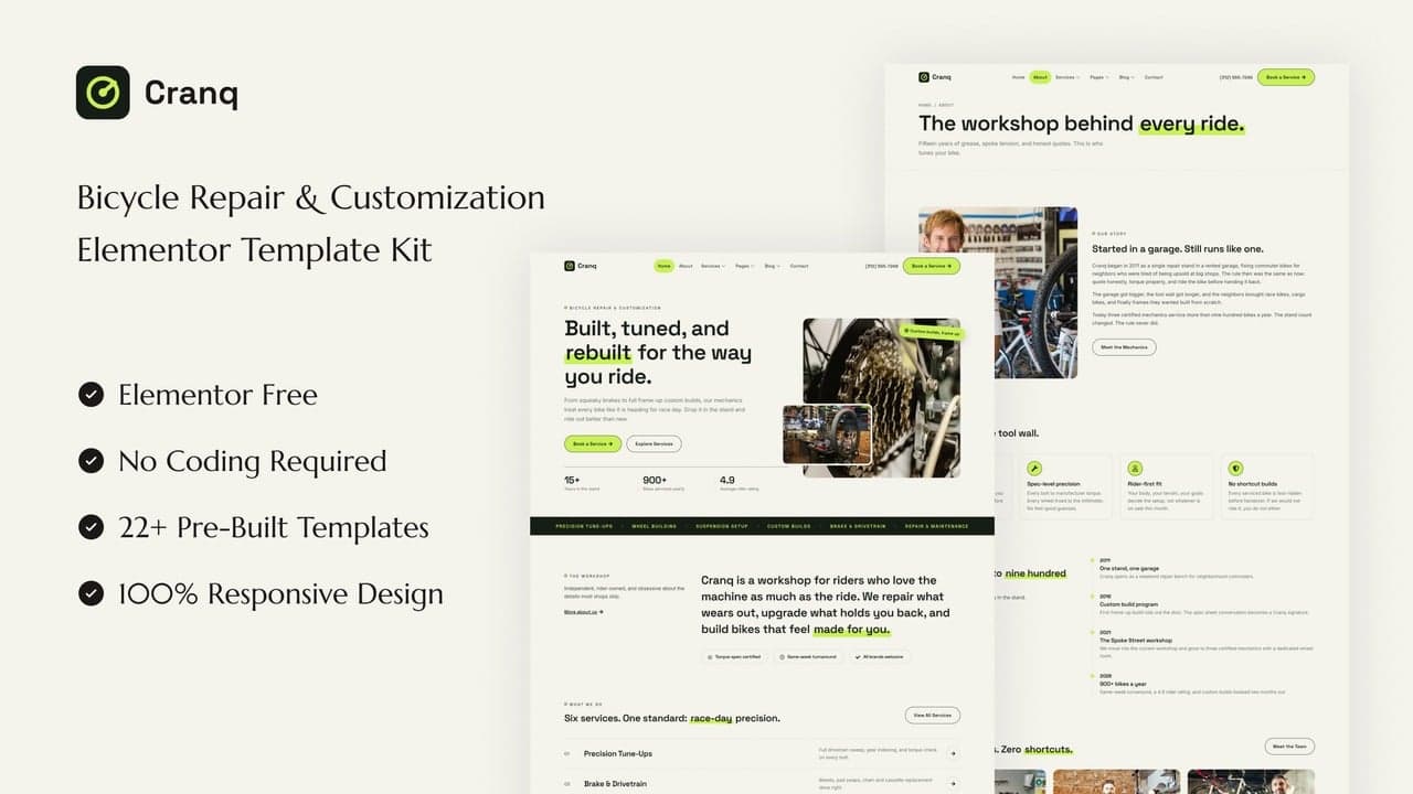 Cranq - Bicycle Repair & Customization Elementor Template Kit full template preview
