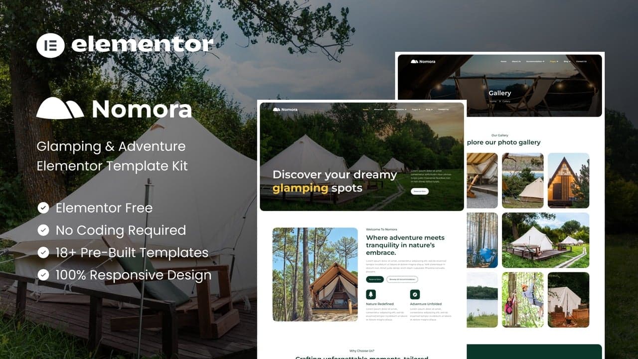 Nomora - Glamping & Adventure Elementor Template Kit full template preview