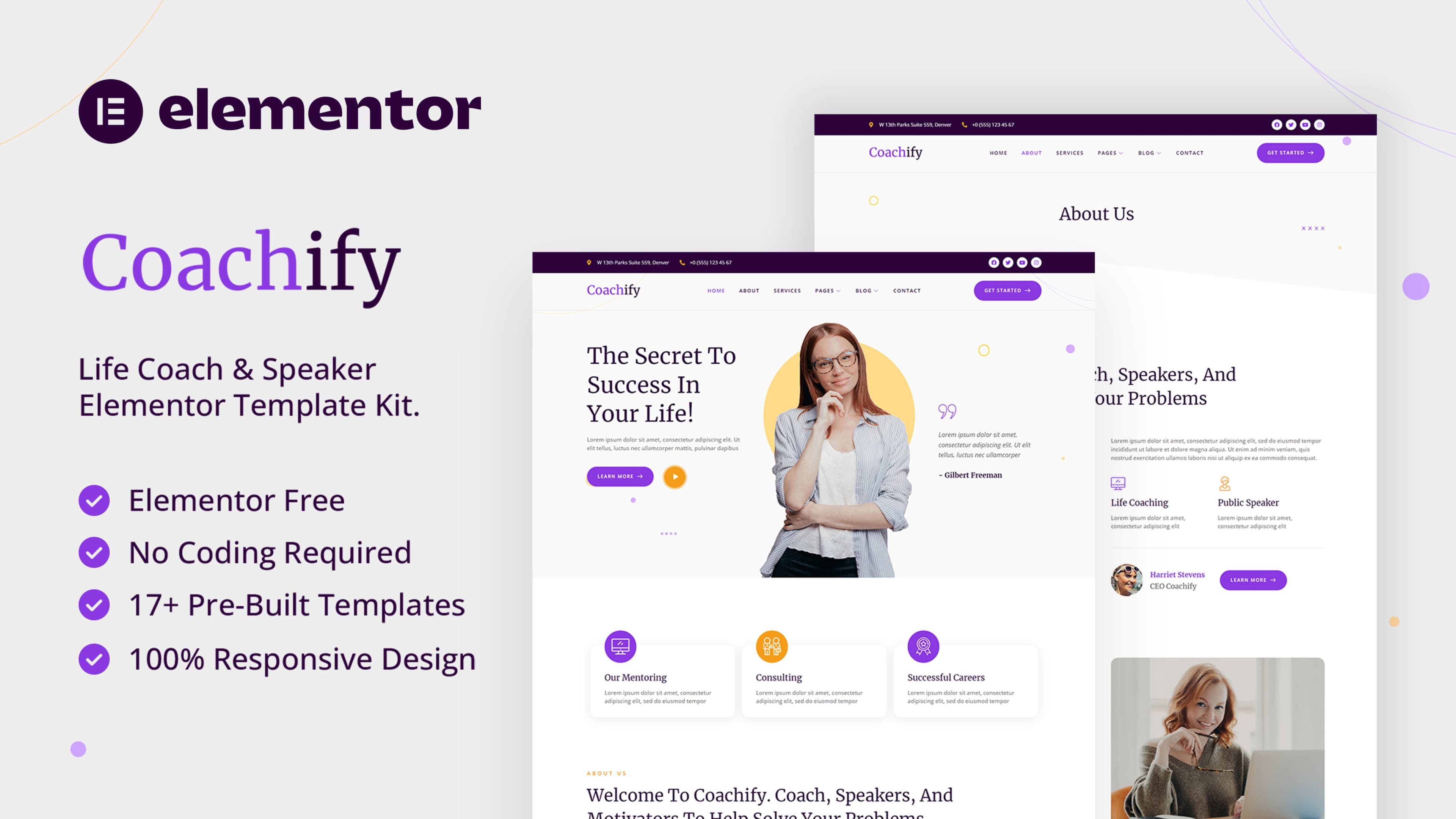 Coachify - Life Coach & Speaker Elementor Template Kit — full template preview