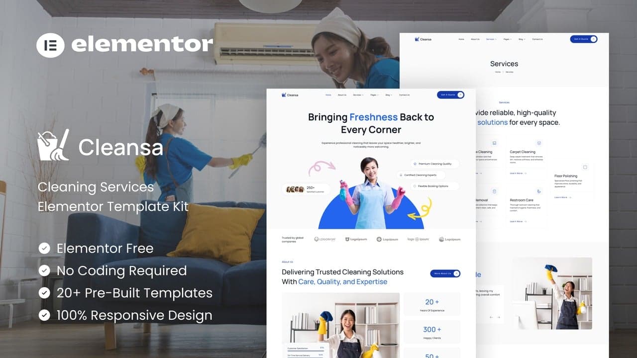 Cleansa - Cleaning Services Elementor Template Kit full template preview
