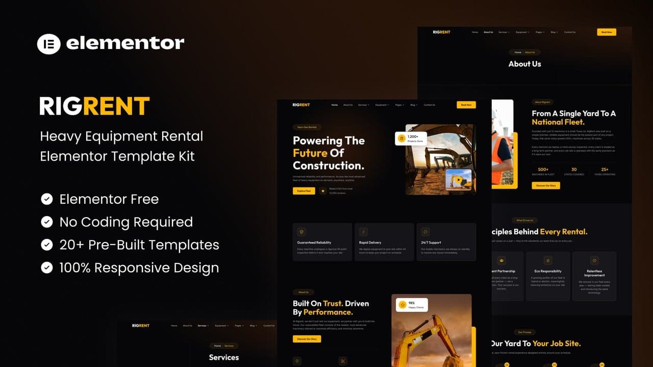 Rigrent - Heavy Equipment Rental Elementor Template Kit full template preview