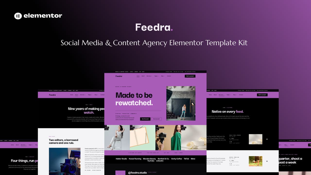 Feedra - Social Media & Content Agency Elementor Template Kit full template preview