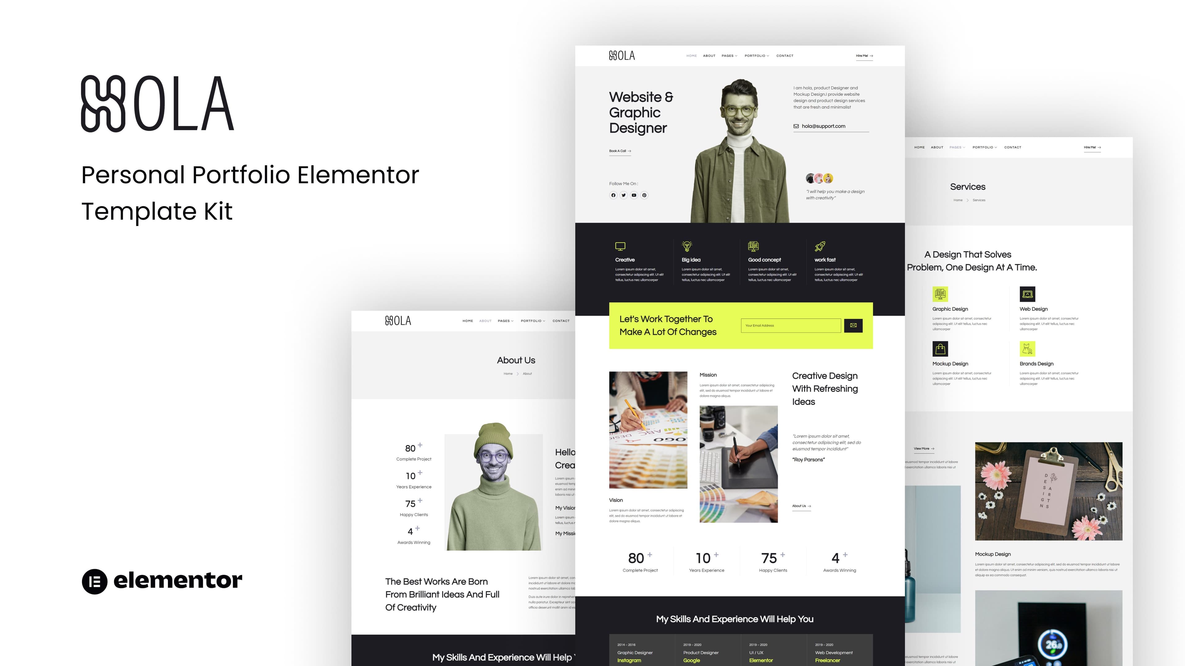 Hola - Personal Portfolio Elementor Template Kit — full template preview