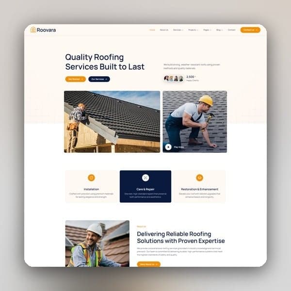 Roovara - Roofing Services Elementor Template Kit, Elementor template preview