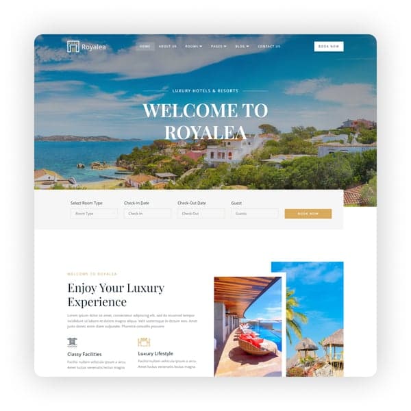Royalea - Luxury Hotel & Resort Elementor Template Kit, Elementor template preview