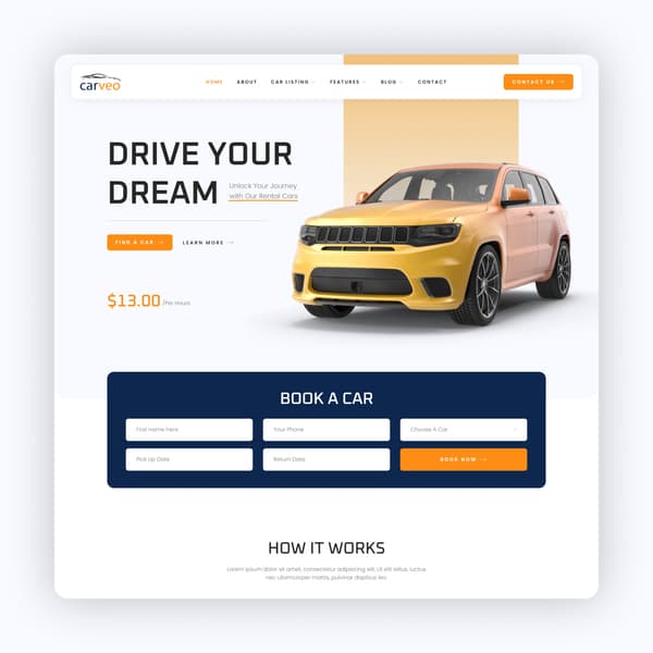 Carveo - Car Rental Elementor Template Kit, Elementor template preview