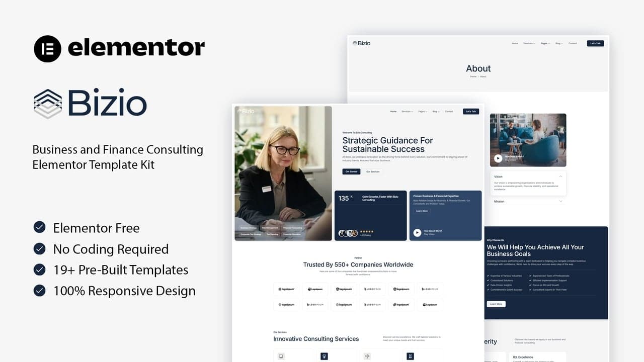 Bizio - Business and Finance Consulting Elementor Template Kit full template preview