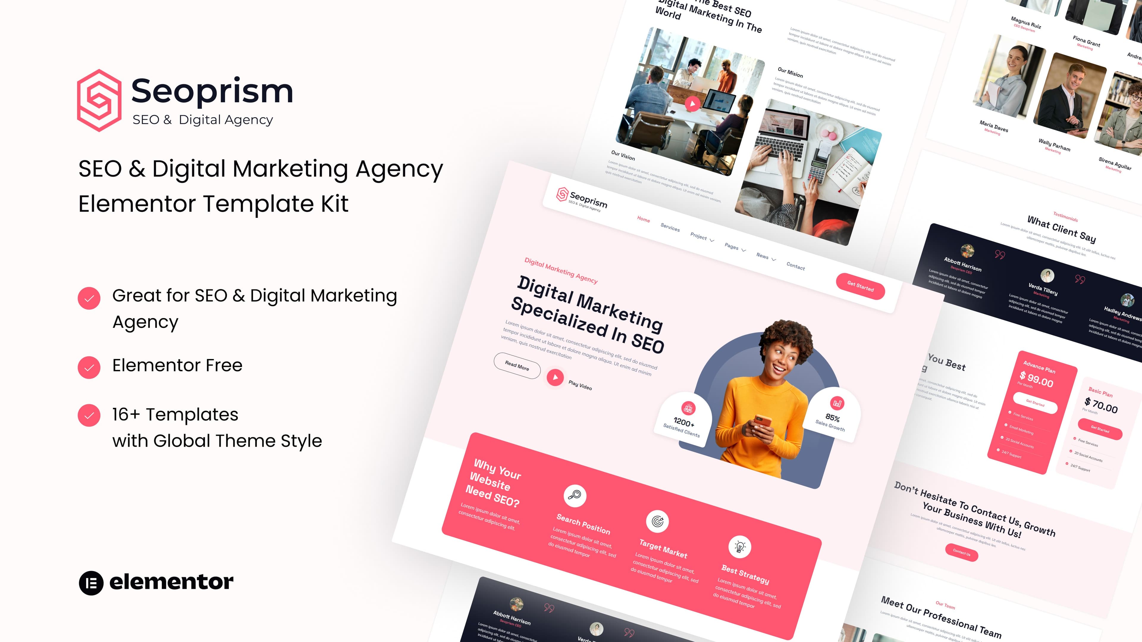 Seoprism - SEO & Digital Agency Elementor Template Kit — full template preview