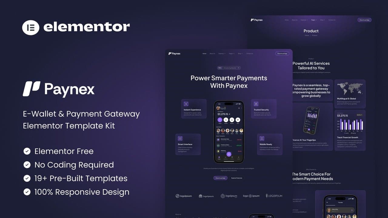 Paynex - E-Wallet & Payment Gateway Elementor Template Kit full template preview
