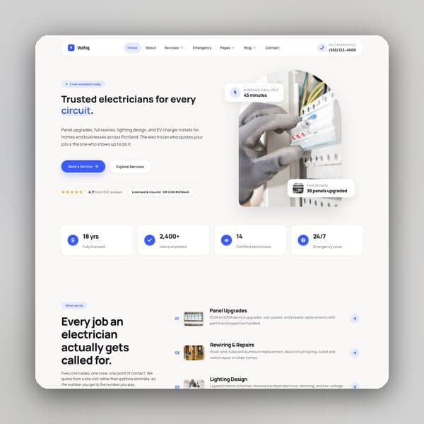 Voltiq - Electrician & Electrical Services Elementor Template Kit, Elementor template preview