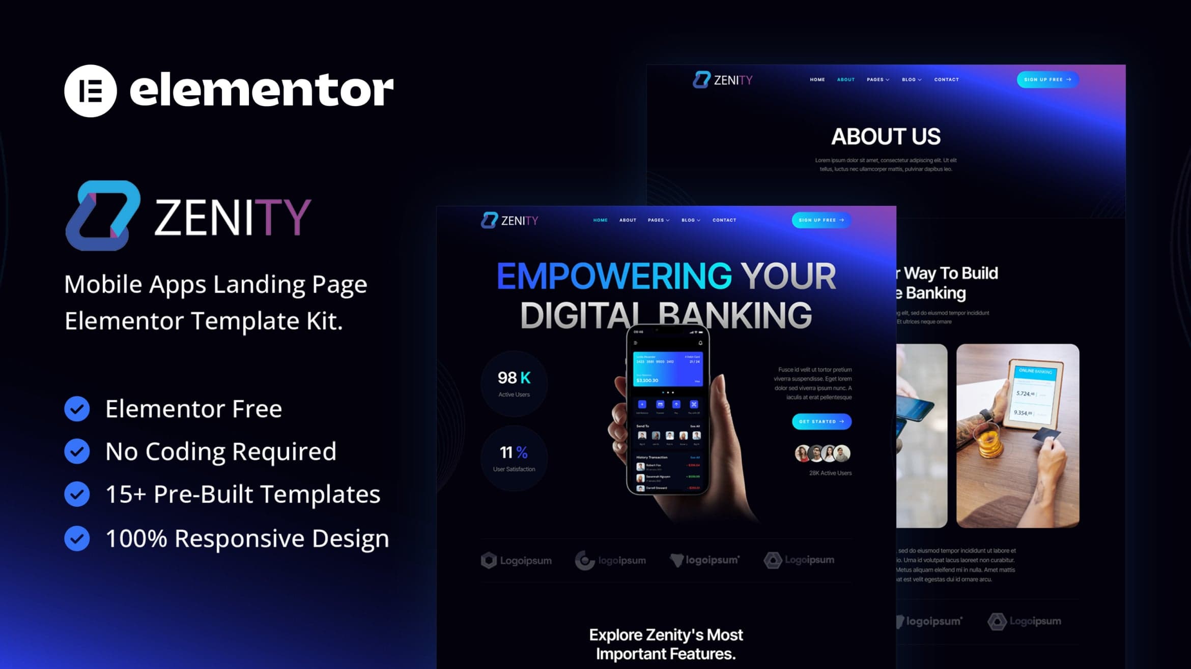 Zenity – Mobile App Landing Page Elementor Template Kit full template preview