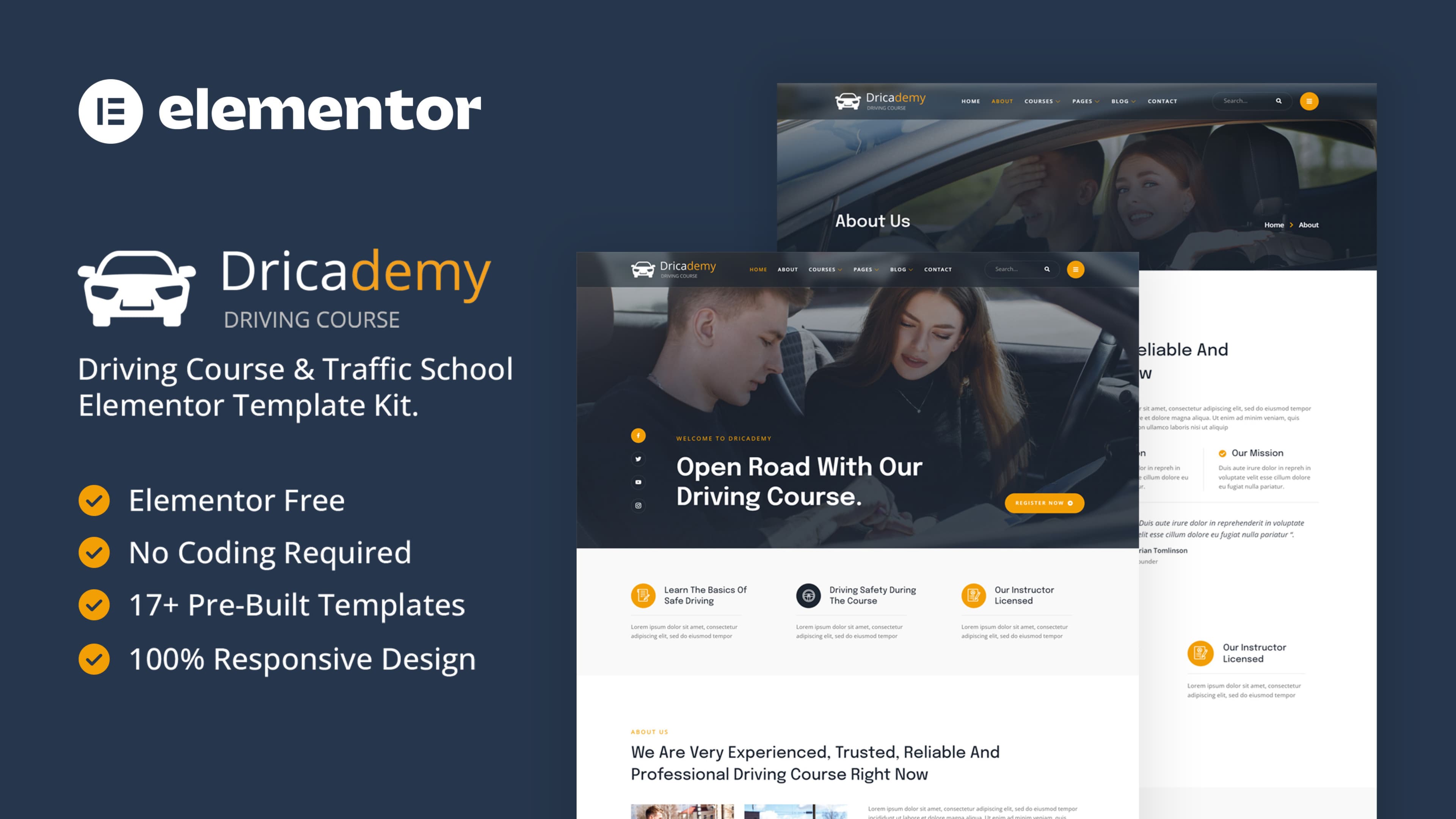 Dricademy - Driving Course & Traffic School Elementor Template Kit full template preview