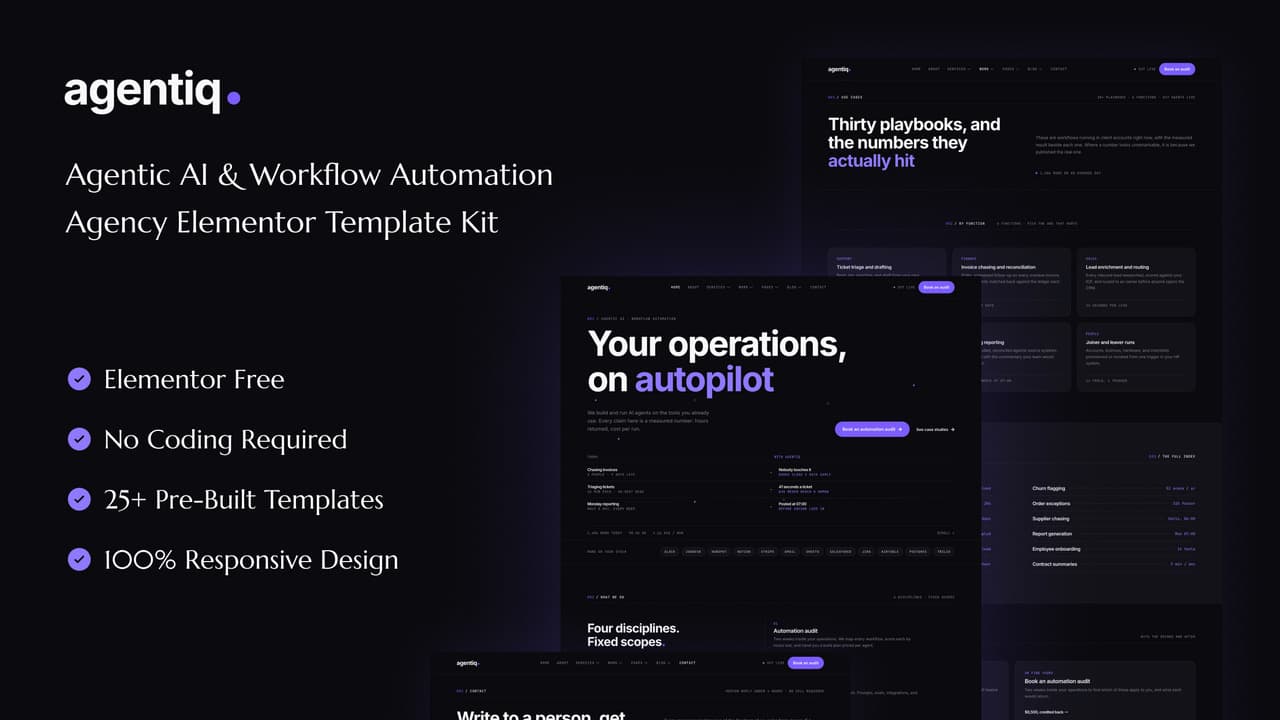 Agentiq - Agentic AI & Workflow Automation Agency Elementor Template Kit full template preview