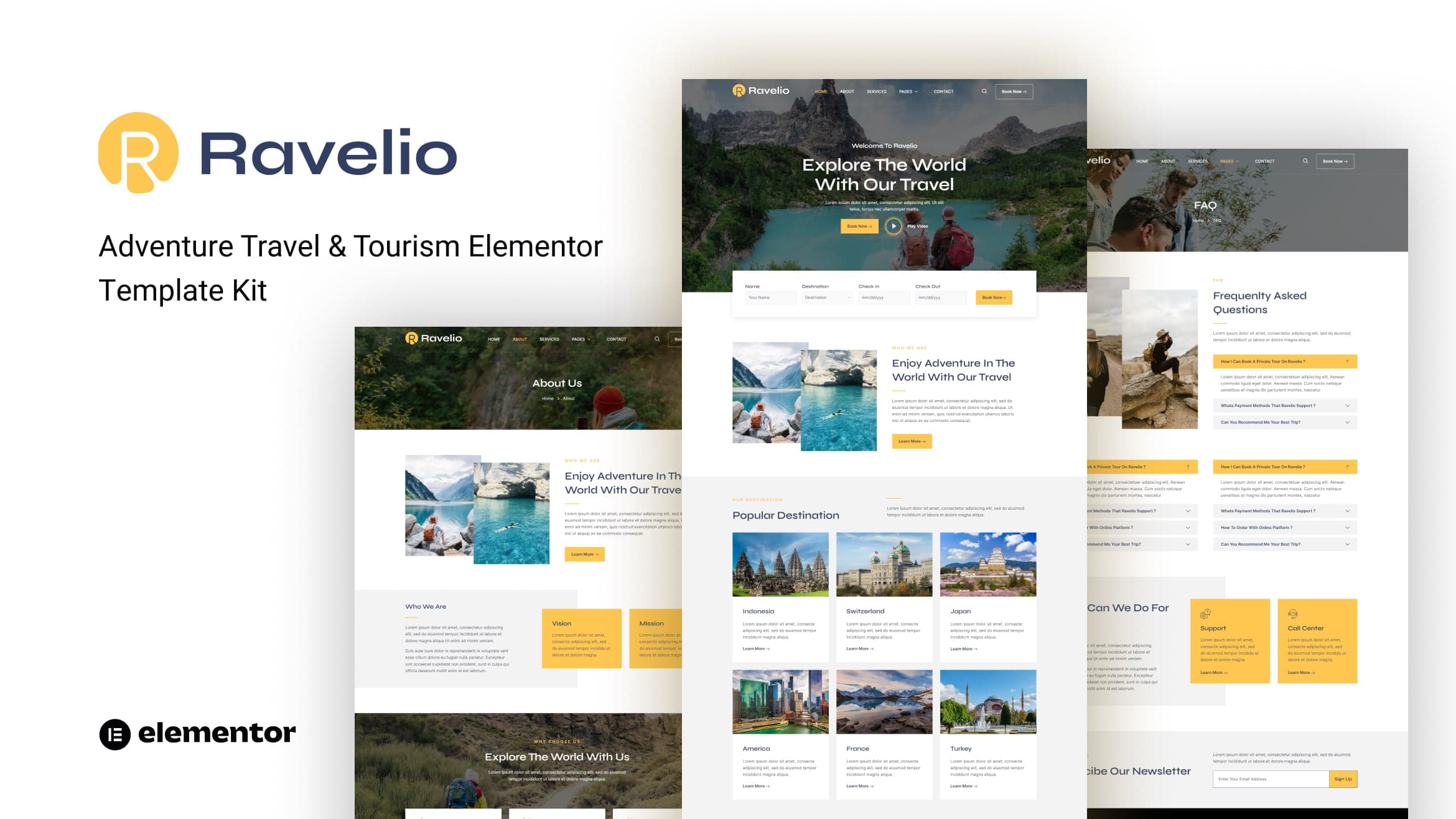 Ravelio - Adventure Travel & Tourism Elementor Template Kit — full template preview