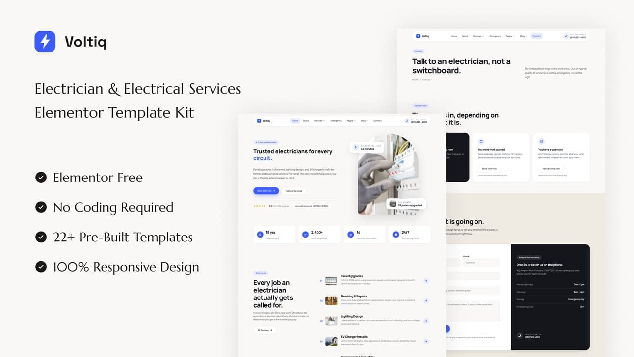 Voltiq - Electrician & Electrical Services Elementor Template Kit full template preview