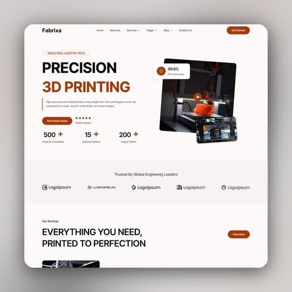 Fabrixa - 3D Printing Services Elementor Template Kit, Elementor template preview