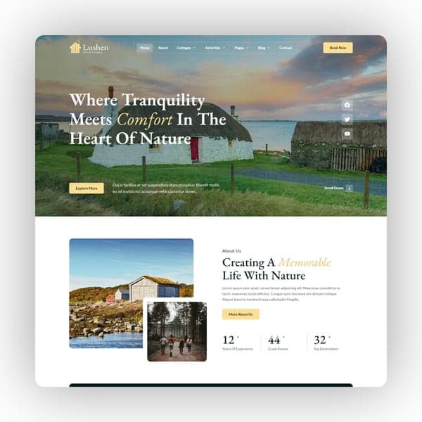 Lushen - Nature Cottage Elementor Template Kit, Elementor template preview