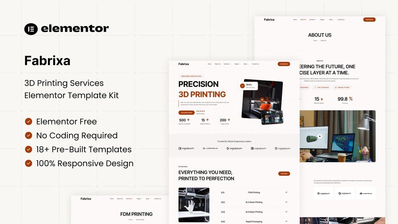 Fabrixa - 3D Printing Services Elementor Template Kit full template preview