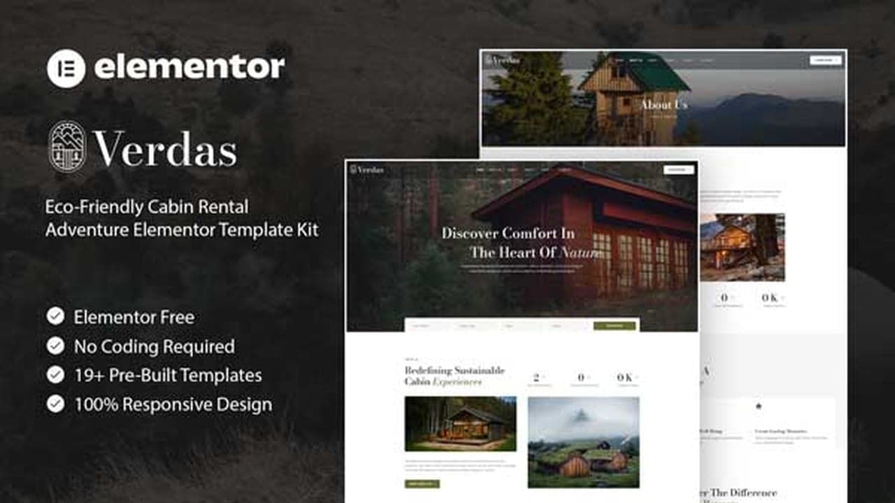 Verdas - Eco-Friendly Cabin Rental Adventure Elementor Template Kit full template preview