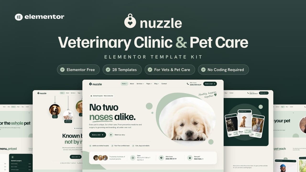 Nuzzle - Veterinary Clinic & Pet Care Elementor Template Kit full template preview