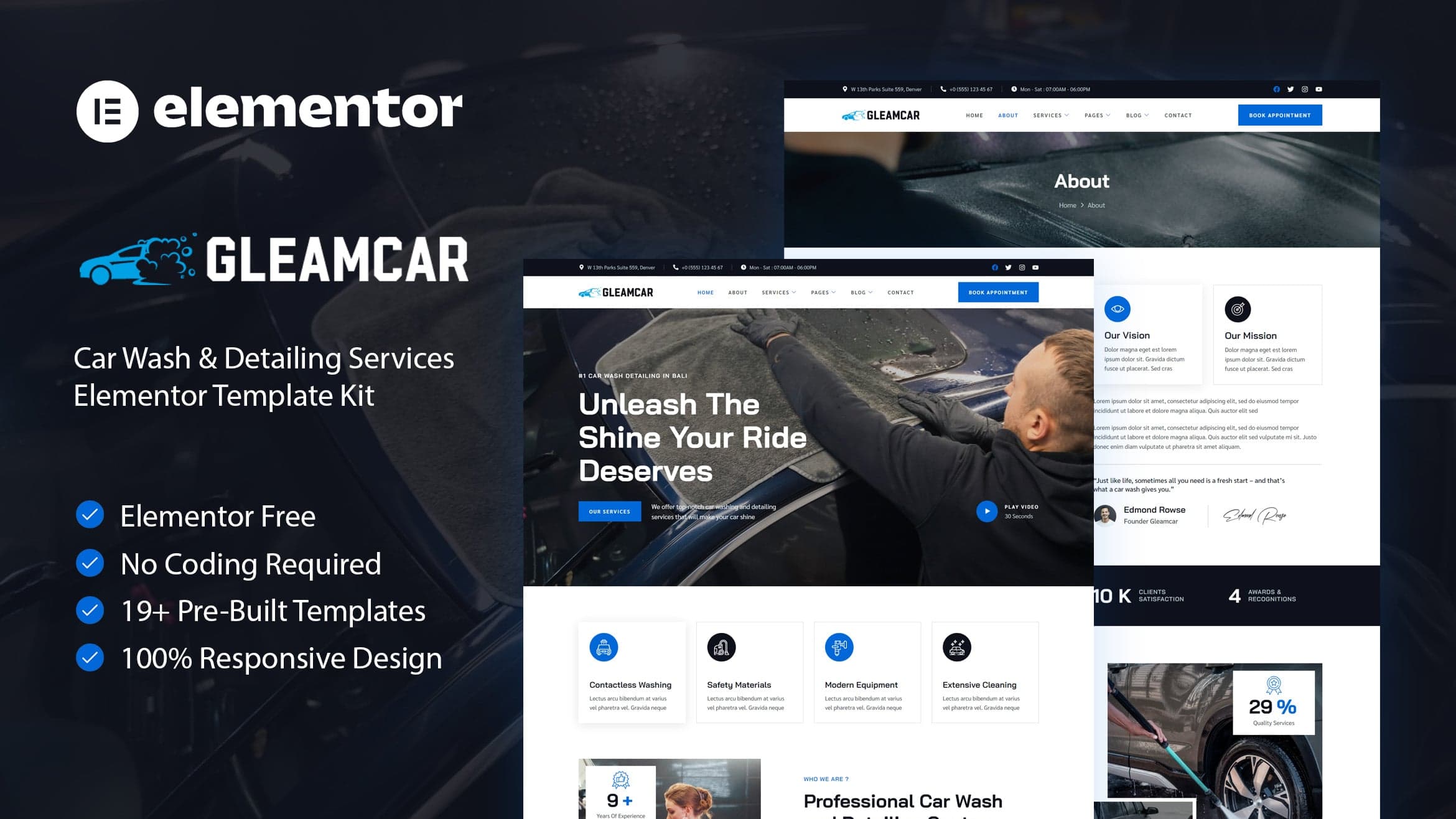 Gleamcar - Car Wash & Detailing Service Elementor Template Kit full template preview