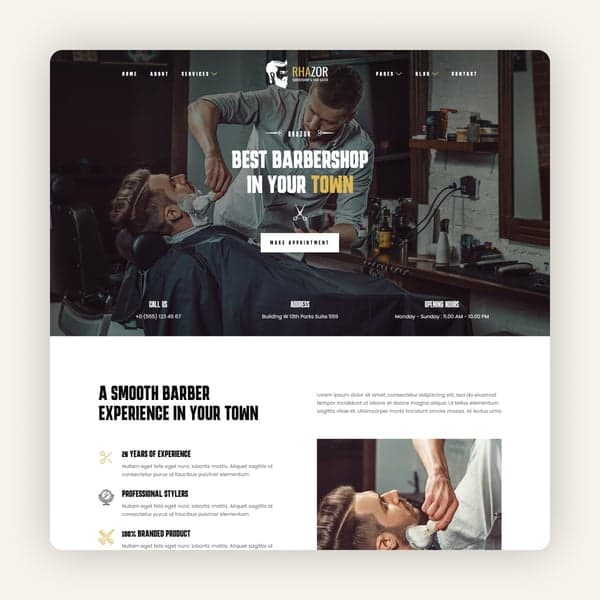 Rhazor - Barbershop & Hair Salon Elementor Template Kit, Elementor template preview