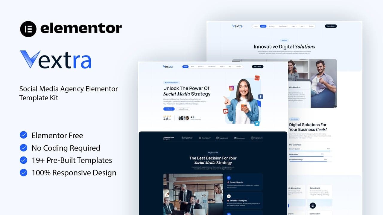 Vextra - Social Media Agency Elementor Template Kit full template preview