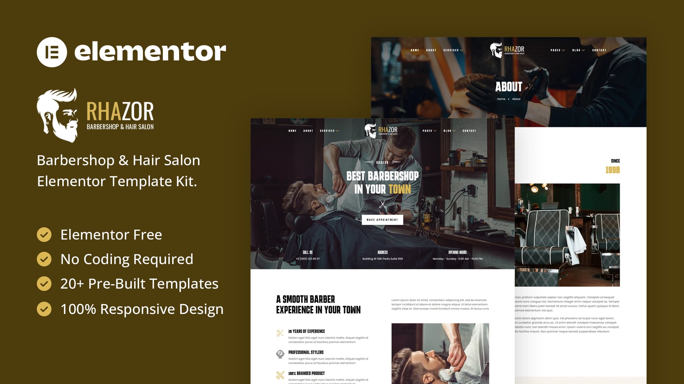 Rhazor - Barbershop & Hair Salon Elementor Template Kit full template preview