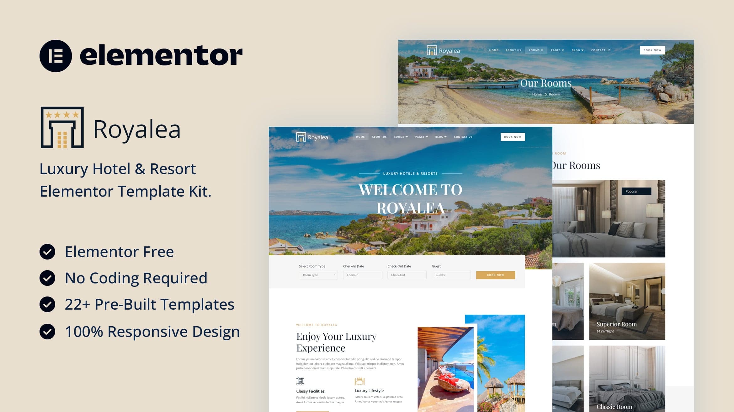 Royalea - Luxury Hotel & Resort Elementor Template Kit full template preview