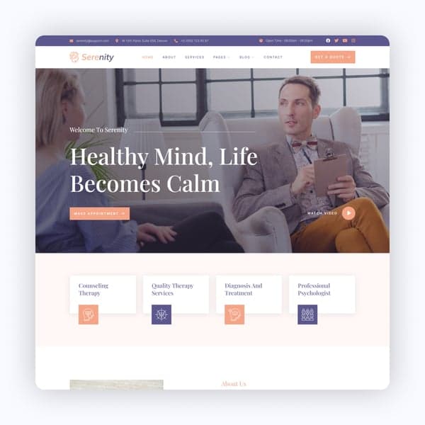 Serenity - Psychology & Counseling Elementor Template Kit, Elementor template preview