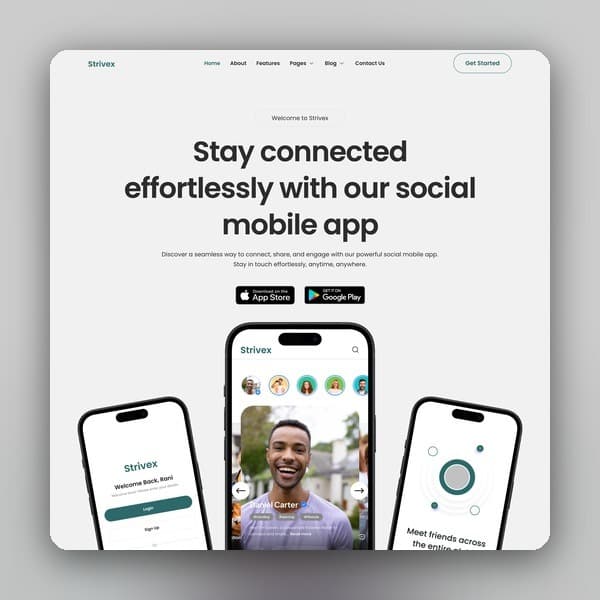 Strivex - Mobile App & Startup Showcase Elementor Template Kit, Elementor template preview