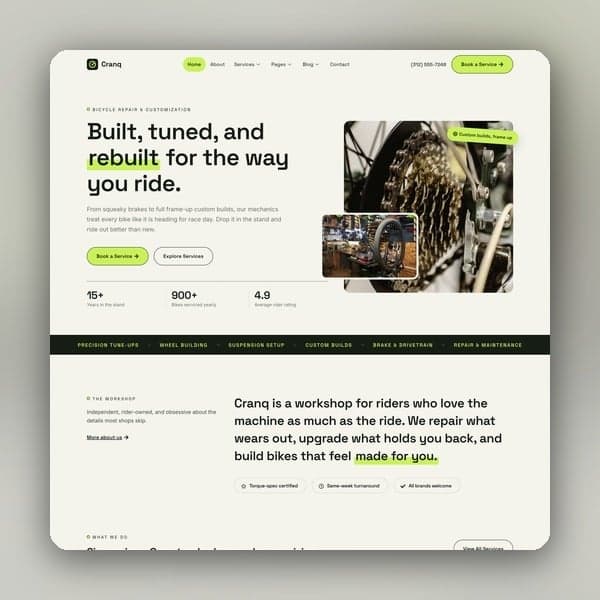 Cranq - Bicycle Repair & Customization Elementor Template Kit, Elementor template preview