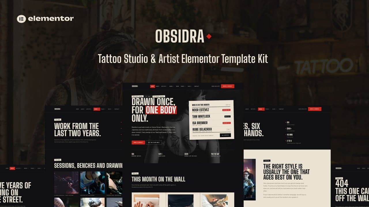 Obsidra - Tattoo Studio & Artist Elementor Template Kit full template preview
