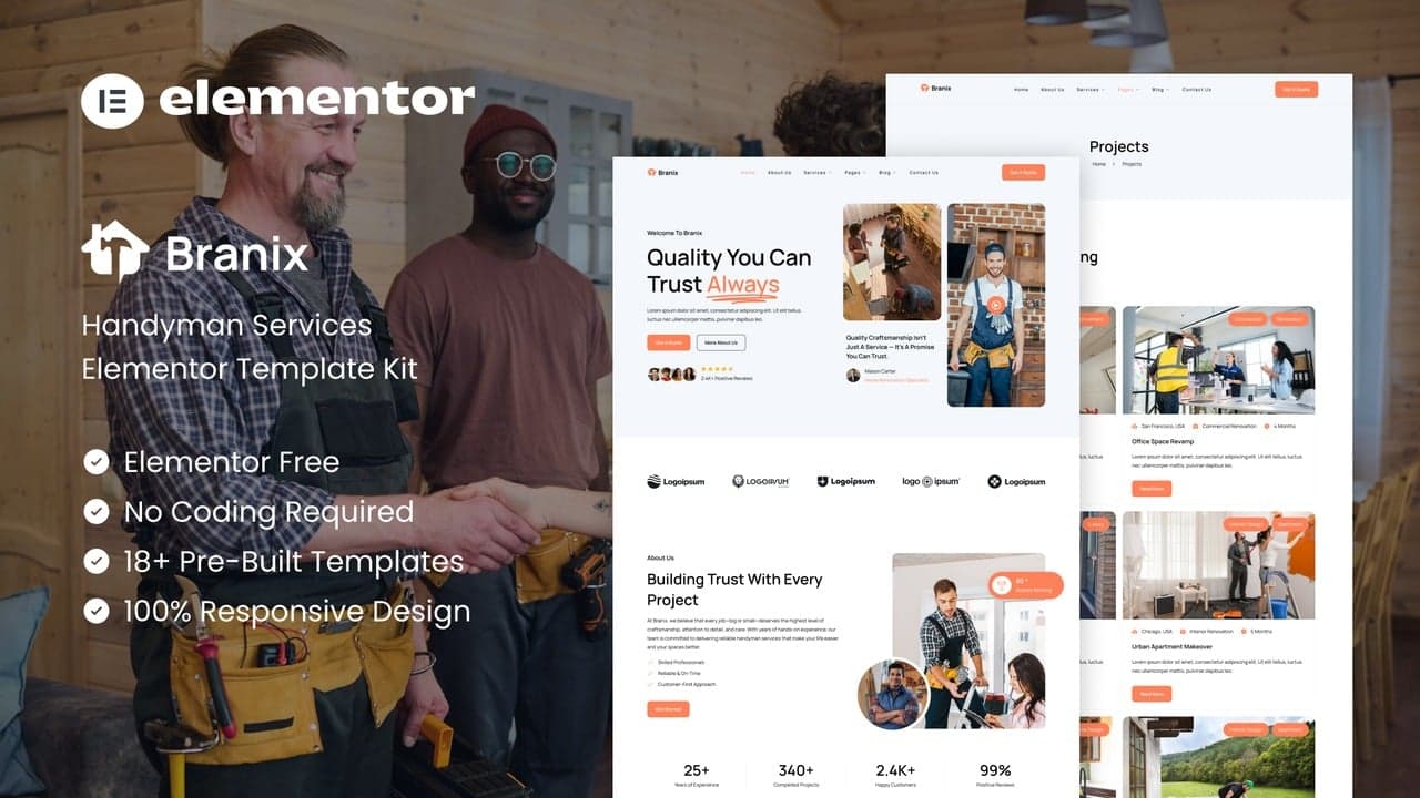 Branix - Handyman Services Elementor Template Kit full template preview