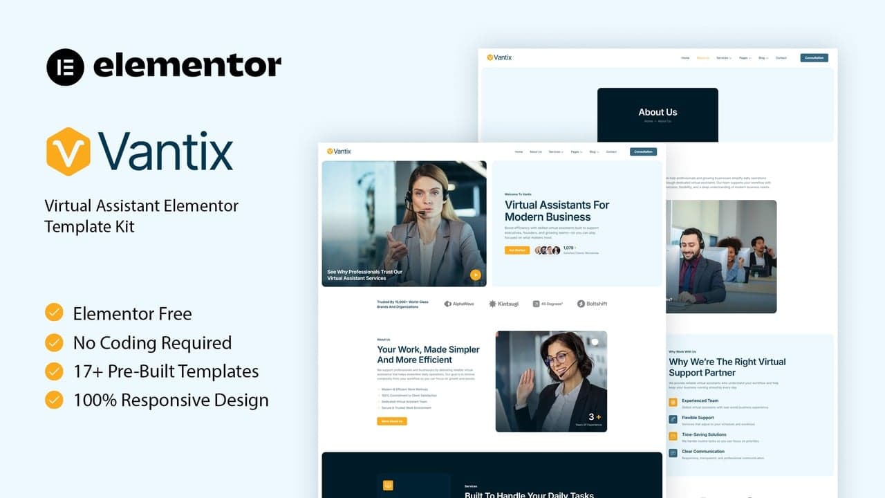 Vantix - Virtual Assistant Elementor Template Kit full template preview