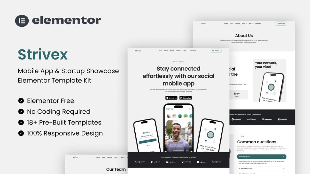 Strivex - Mobile App & Startup Showcase Elementor Template Kit full template preview
